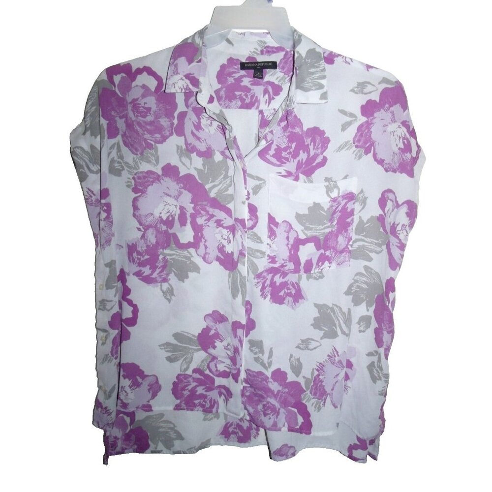Banana Republic Gray Purple Floral Sheer Button Front Side Polyester Top S